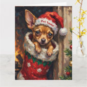Chihuahua Nestled in Christmas Stocking Hat Kaart (Gele Bloem)