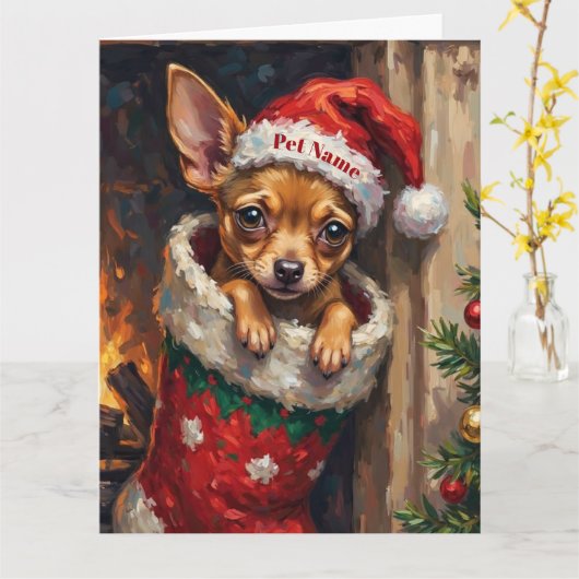 Chihuahua Nestled in Christmas Stocking Hat Kaart (Gele Bloem)