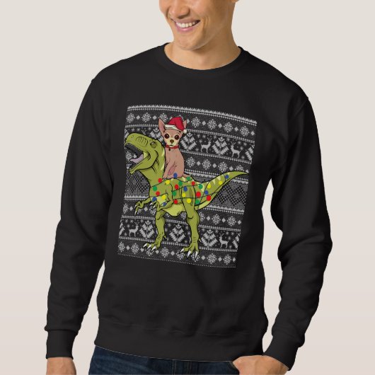 Chihuahua on trex dinosaur ugly Christmas sweater  (Voorkant)