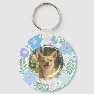 Chihuahua Pastelblauwe Bloemenkrans Maatwerk Sleutelhanger