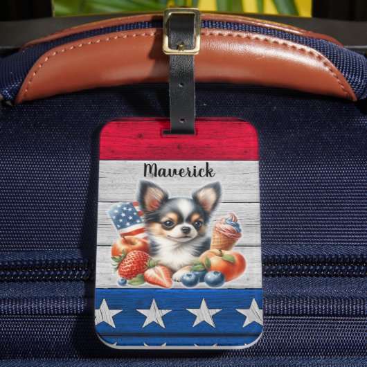 Chihuahua Patriottisch Fruit USA Lang Haar Chihuah Bagagelabel (Voorkant Insitu 2)