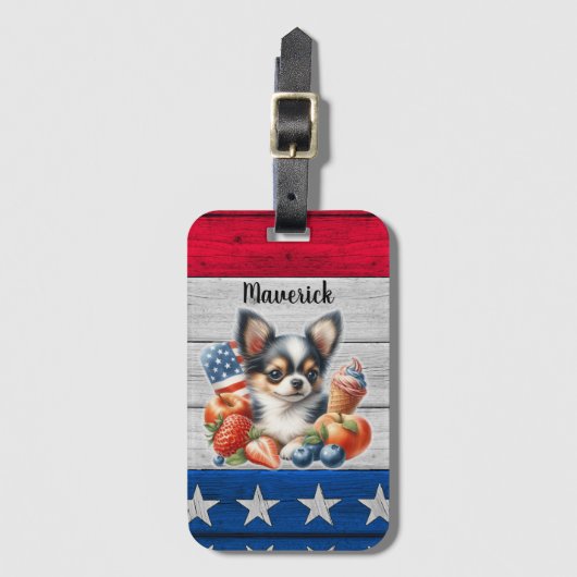 Chihuahua Patriottisch Fruit USA Lang Haar Chihuah Bagagelabel (Voorkant (verticaal))
