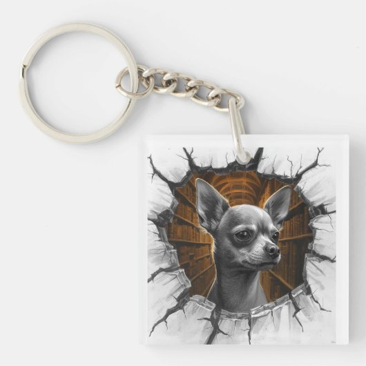 Chihuahua Peers Through A Grey Wooden Wall Sleutelhanger (voorkant)