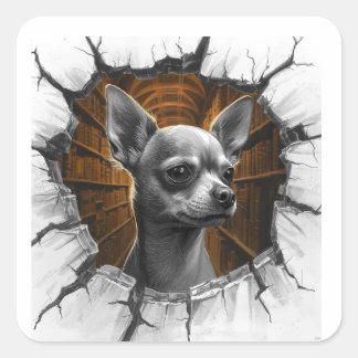 Chihuahua Peers Through A Grey Wooden Wall Vierkante Sticker