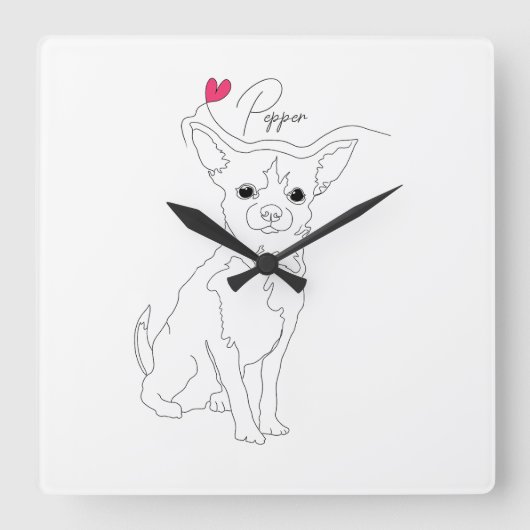 Chihuahua Pet Line Art with Name Vierkante Klok (Voorkant)