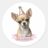 Chihuahua Pink Whimsical Cute afbeelding Ronde Sticker (Voorkant)