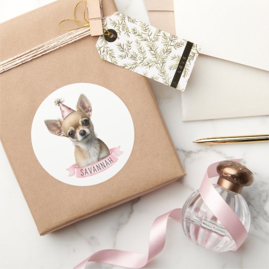 Chihuahua Pink Whimsical Cute afbeelding Ronde Sticker (Geschenken)