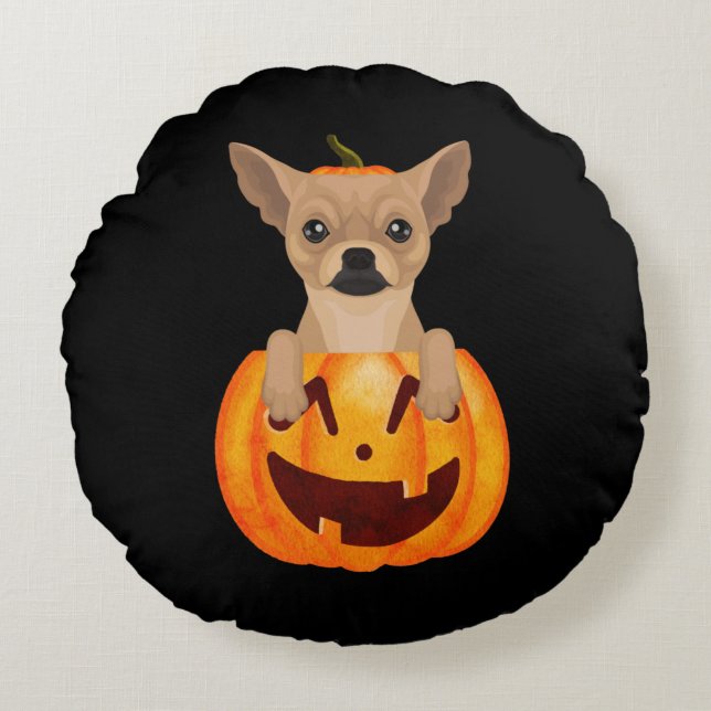 Chihuahua Pompoen    Rond Kussen (Voorkant)