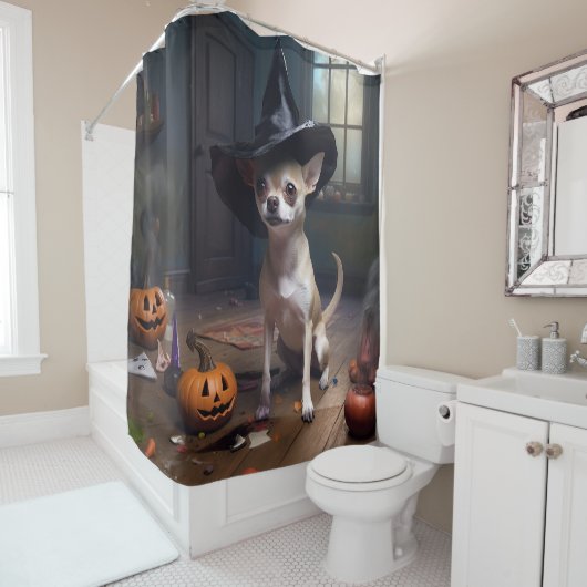 Chihuahua pompoenen Halloween eng Douchegordijn (In situ)