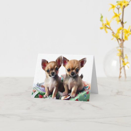 Chihuahua Puppies Kerstmis Kaart (Gele Bloem)