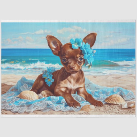 Chihuahua Puppy Blauw Bloemen Strand Decoupage Tissuepapier (Voorkant)
