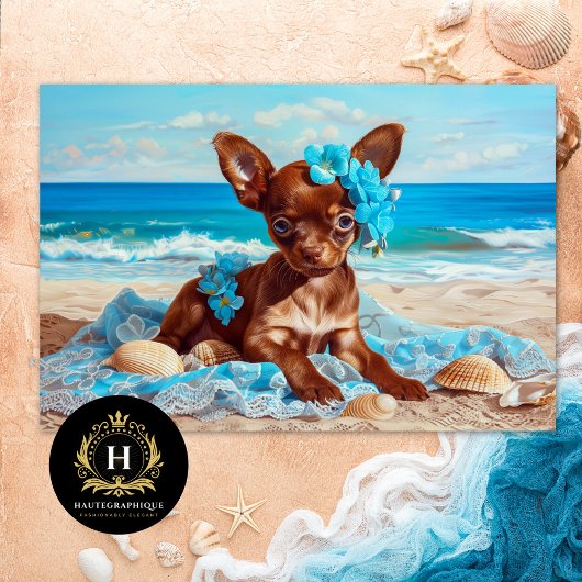 Chihuahua Puppy Blauw Bloemen Strand Decoupage Tissuepapier