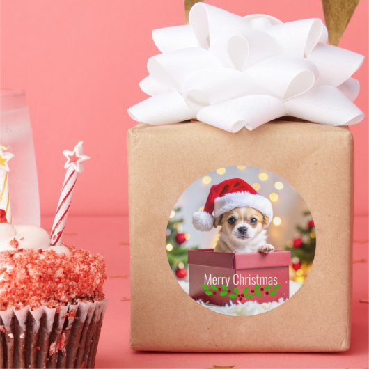 Chihuahua Puppy Dog's Christmas Ronde Sticker (Feest)