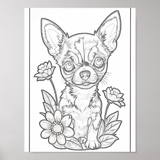 Chihuahua Puppy en Bloemen Kleurplaat Poster (Voorkant)