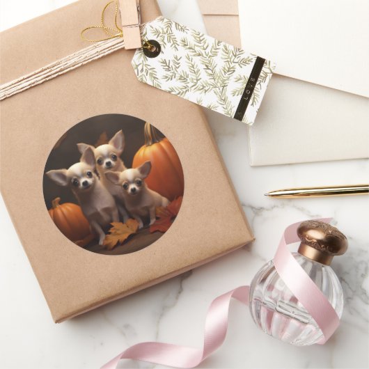 Chihuahua Puppy Herfst Delight Pompoen Ronde Sticker (Geschenken)