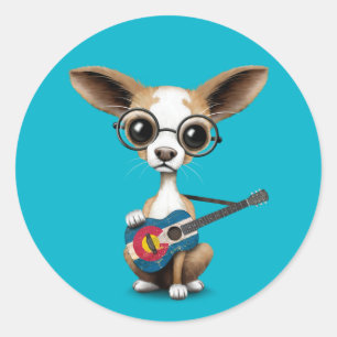 Chihuahua puppy hond spelen Colorado vlag gitaar Ronde Sticker