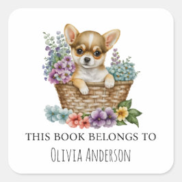 chihuahua puppy in bloemenmand dit boek behoort vierkante sticker