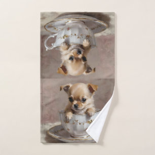 Chihuahua puppy in een theekopje olieverf, handdoek