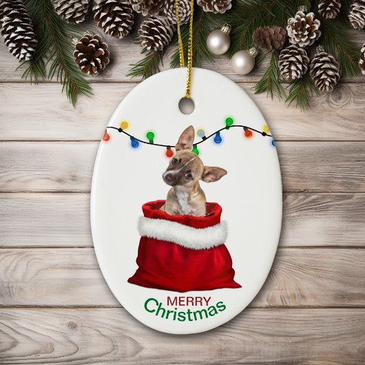 Chihuahua Puppy in Gift Bag met Kerstmis Keramisch Ornament