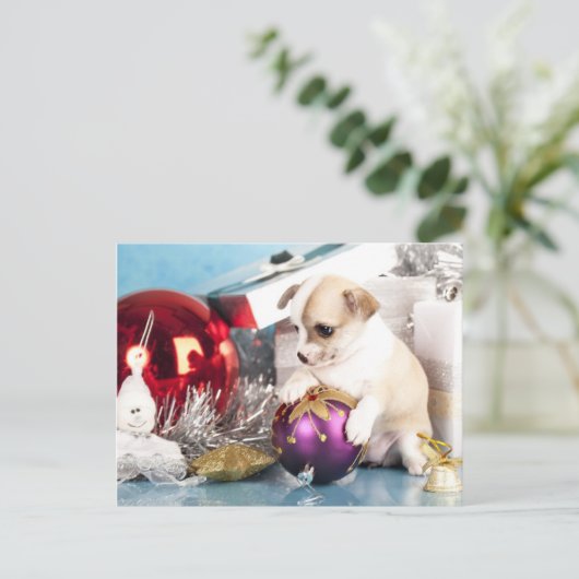 Chihuahua puppy met kerstbal feestdagenkaart (Staand voorkant)