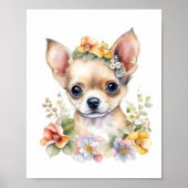 Chihuahua Puppy Pet Waterverf Flower Poster (Voorkant)