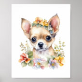 Chihuahua Puppy pet Waterverf Flower Poster (Voorkant)