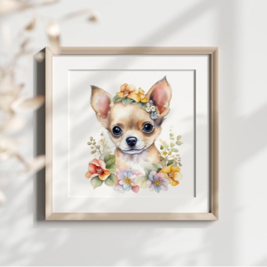Chihuahua Puppy pet Waterverf Flower Poster