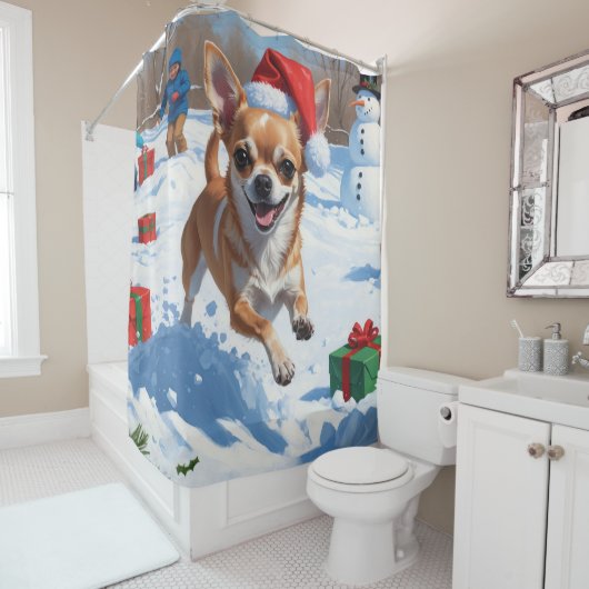 Chihuahua rent in de sneeuw met kerst Pet Douchegordijn (In situ)