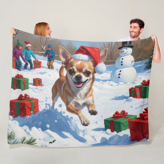 Chihuahua rent in de sneeuw met kerst Pet Fleece Deken (In situ)