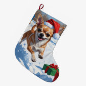 Chihuahua rent in de sneeuw met kerst Pet Grote Kerstsok (Voorkant (Hangend))