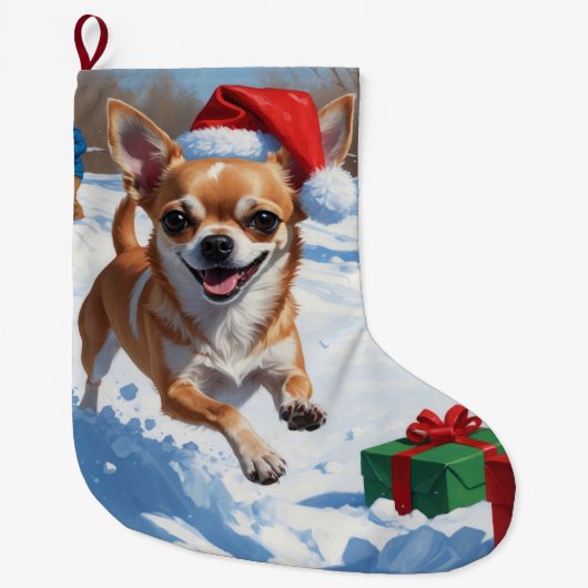 Chihuahua rent in de sneeuw met kerst Pet Grote Kerstsok (Voorkant)