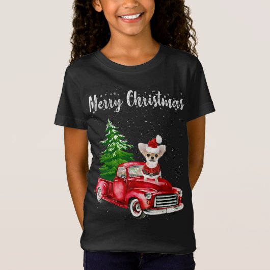 Chihuahua Riding Red Truck Merry Kersthond Lov T-shirt (Voorkant)