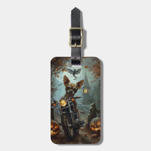 Chihuahua Rijden Motorfiets Halloween Eng Bagagelabel (Voorkant verticaal)