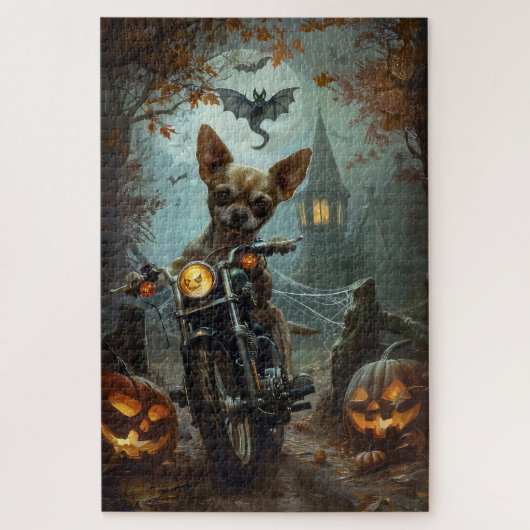 Chihuahua Rijden Motorfiets Halloween Eng Legpuzzel (Verticaal)