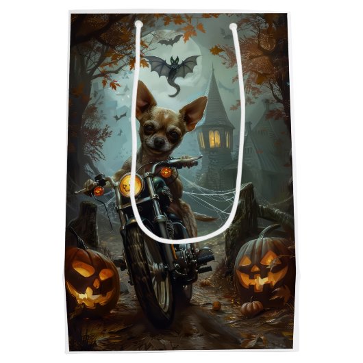 Chihuahua Rijden Motorfiets Halloween Eng Medium Cadeauzakje (Achterkant)