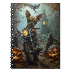 Chihuahua rijdt op motorfiets Halloween griezelig Notitieboek