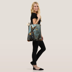 Chihuahua rijdt op motorfiets Halloween griezelig Tote Bag