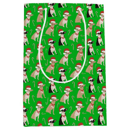 Chihuahua Santa Hat Candy Cane Groene Kerstmis Medium Cadeauzakje (Voorkant)