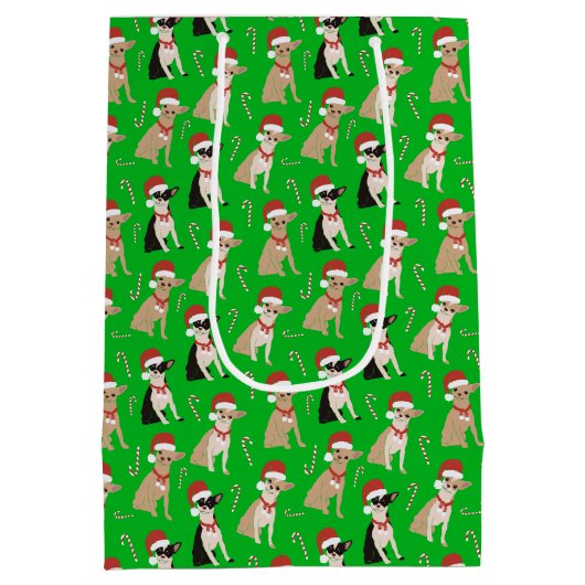 Chihuahua Santa Hat Candy Cane Groene Kerstmis Medium Cadeauzakje (Achterkant)