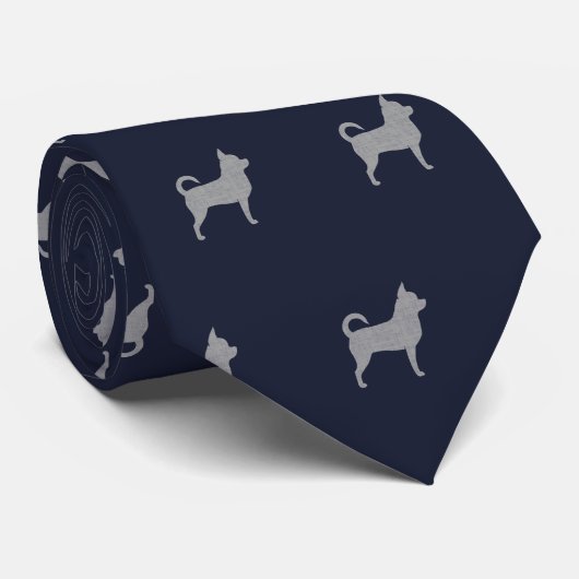 Chihuahua Silhouettes Pattern Navy Blue en Grey Stropdas (Opgerold)