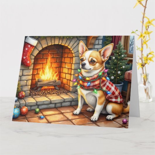 Chihuahua Sitting Fireplace with Christmas Lights Kaart (Gele Bloem)