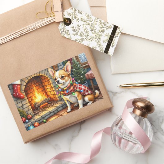 Chihuahua Sitting Fireplace with Christmas Lights Rechthoekige Sticker (Geschenken)