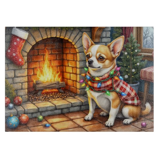 Chihuahua Sitting Fireplace with Christmas Lights Snijplank (Voorkant)