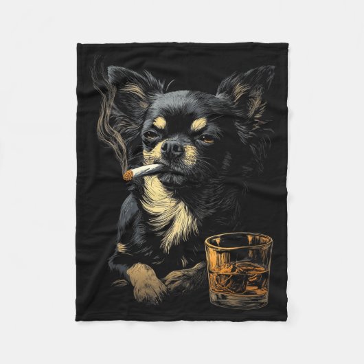 Chihuahua Smoking Cigarette Whisky Lover Funny Dog Fleece Deken (Voorkant)