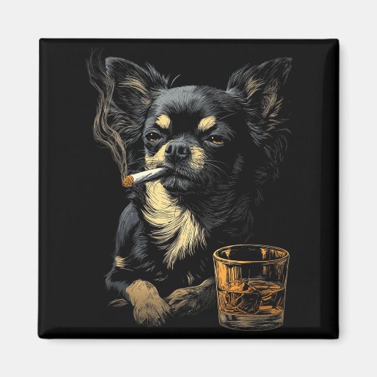 Chihuahua Smoking Cigarette Whisky Lover Funny Dog Magneet (Voorkant)
