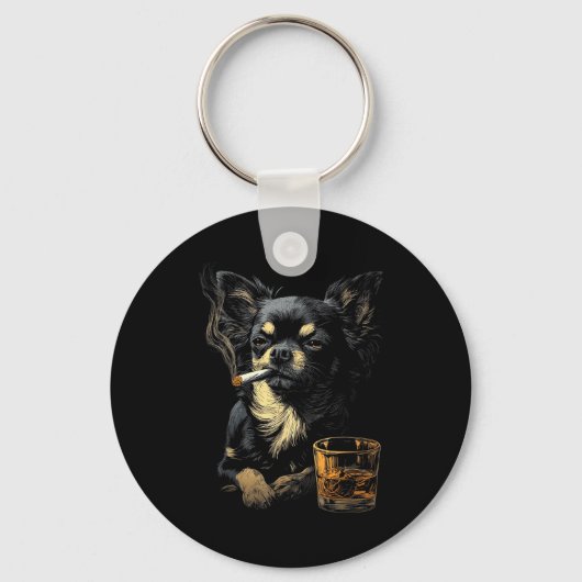 Chihuahua Smoking Cigarette Whisky Lover Funny Dog Sleutelhanger (Voorkant)