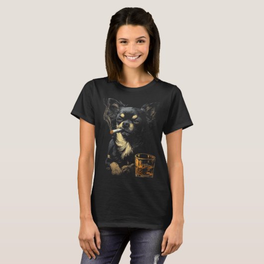 Chihuahua Smoking Cigarette Whisky Lover Funny Dog T-shirt (Voorkant volledig)