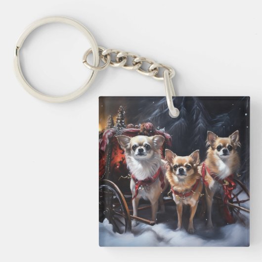 Chihuahua Sneeuwslee Kerst Decor Sleutelhanger (Voorkant)
