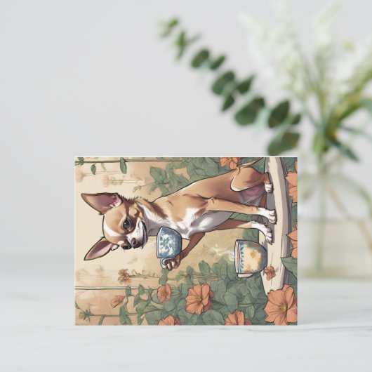 Chihuahua Snippende thee in de tuin Briefkaart (Staand voorkant)