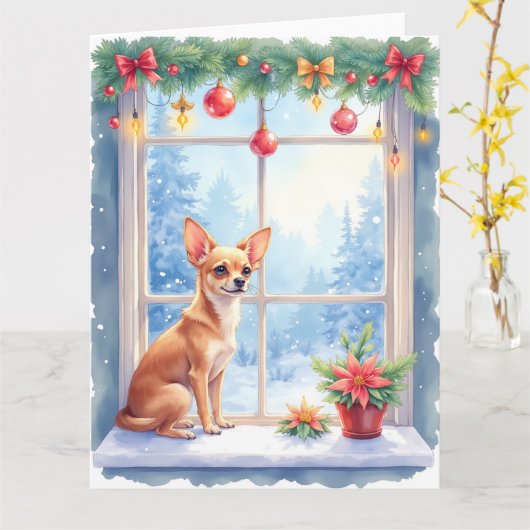 Chihuahua Snowy Windowsill Holiday Christmas Art Kaart (Gele Bloem)